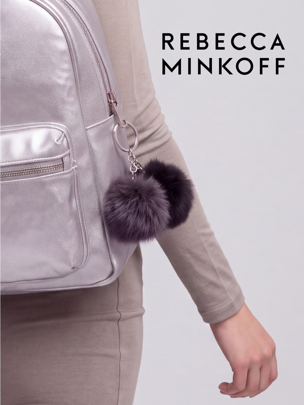 NWT Rebecca Minkoff Double Fur Pom Pom Bag Charm Keychain Gray Black